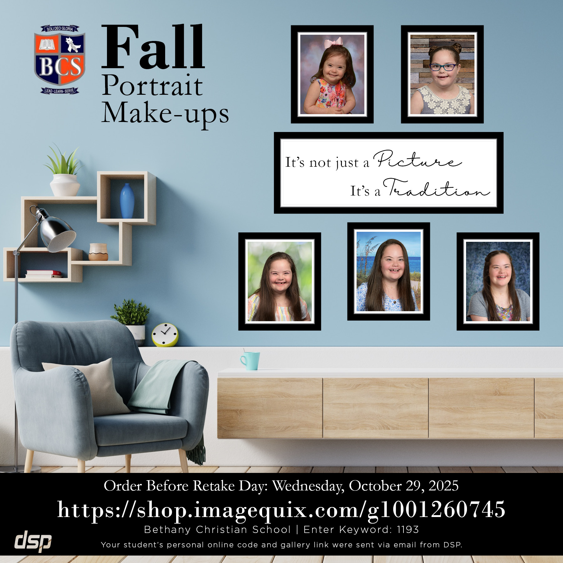BCS Fall Portrait Make-ups flyer with retake day date and ordering link