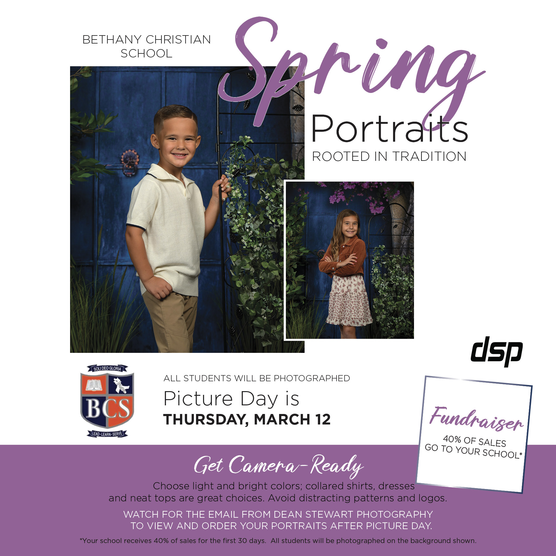 Bethany Christian School Spring Portraits flyer with picture day details for Thursday, March 12